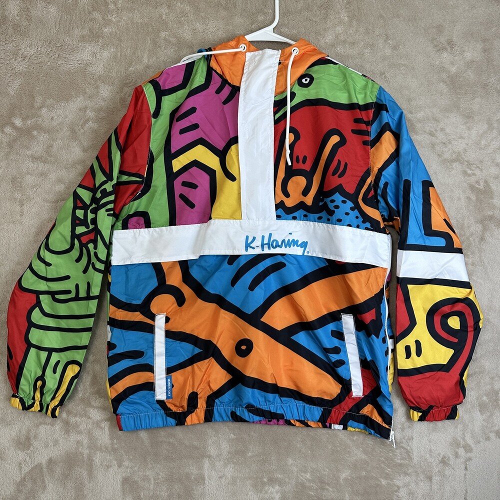 Members Only Jacket Mens Medium Multicolor K Haring Hooded Windbreaker Anorak